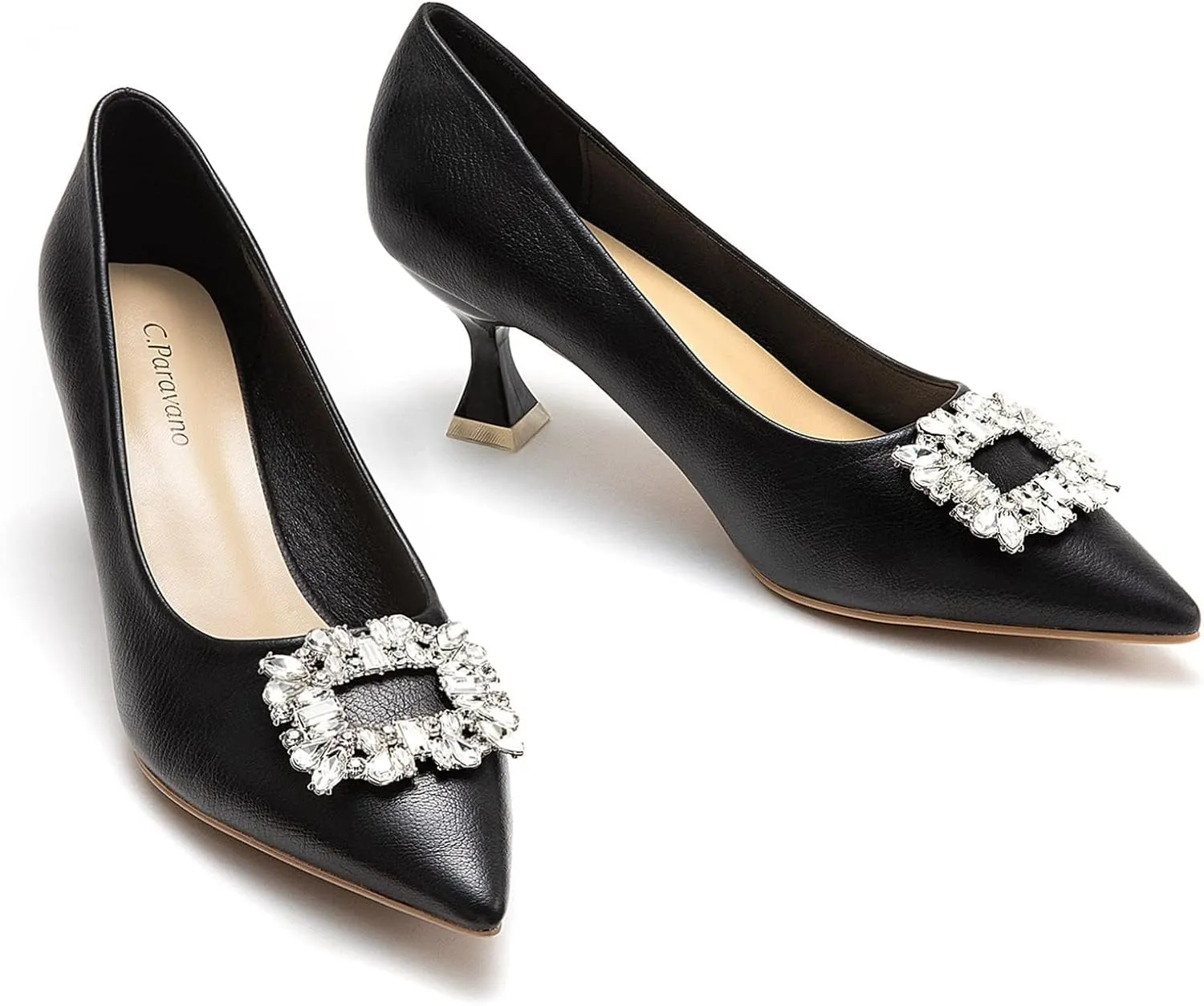 C.Paravano Women's Pumps I Pointed Toe Kitten Heels I Grain Leather Pump Shoes I Crystal Buckled Pumps I Dress Wedding Shoes (Size 11,Black)