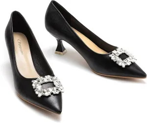C.Paravano Women's Pumps I Pointed Toe Kitten Heels I Grain Leather Pump Shoes I Crystal Buckled Pumps I Dress Wedding Shoes (Size 11,Black)