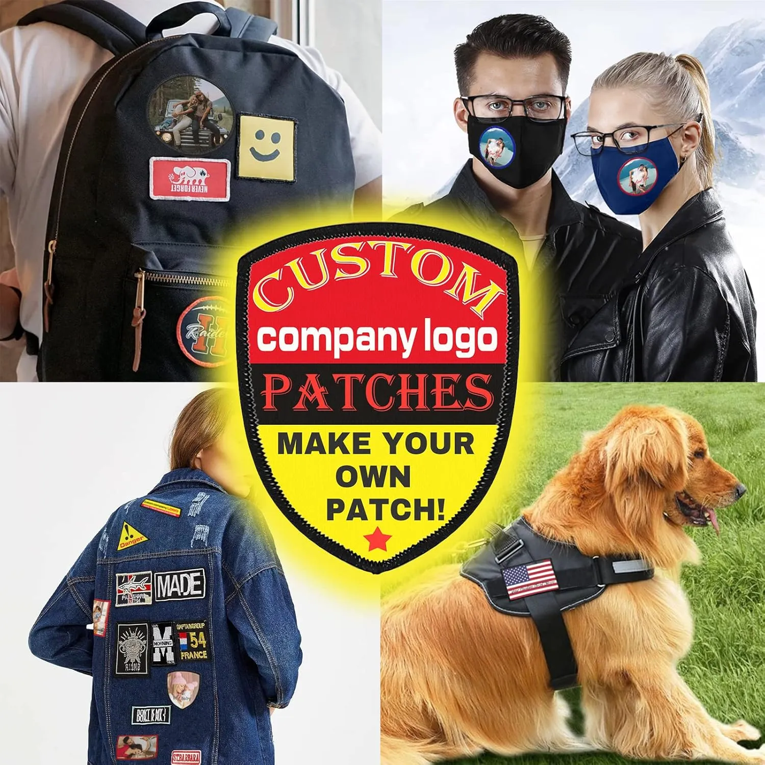 Custom Patches Personalized Name Patch with Merrowed Edge Sew On Iron On Hook and Loop Add Your Photo/Logo/Text for Clothing Jackets Caps Dog Harness-Shield 3.1"x4"-2PCS