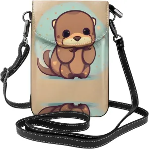 Cute Otter Crossbody Bag For Women Leather Cellphone Shoulder Purses Fashion Travel Designer Wallet, Black