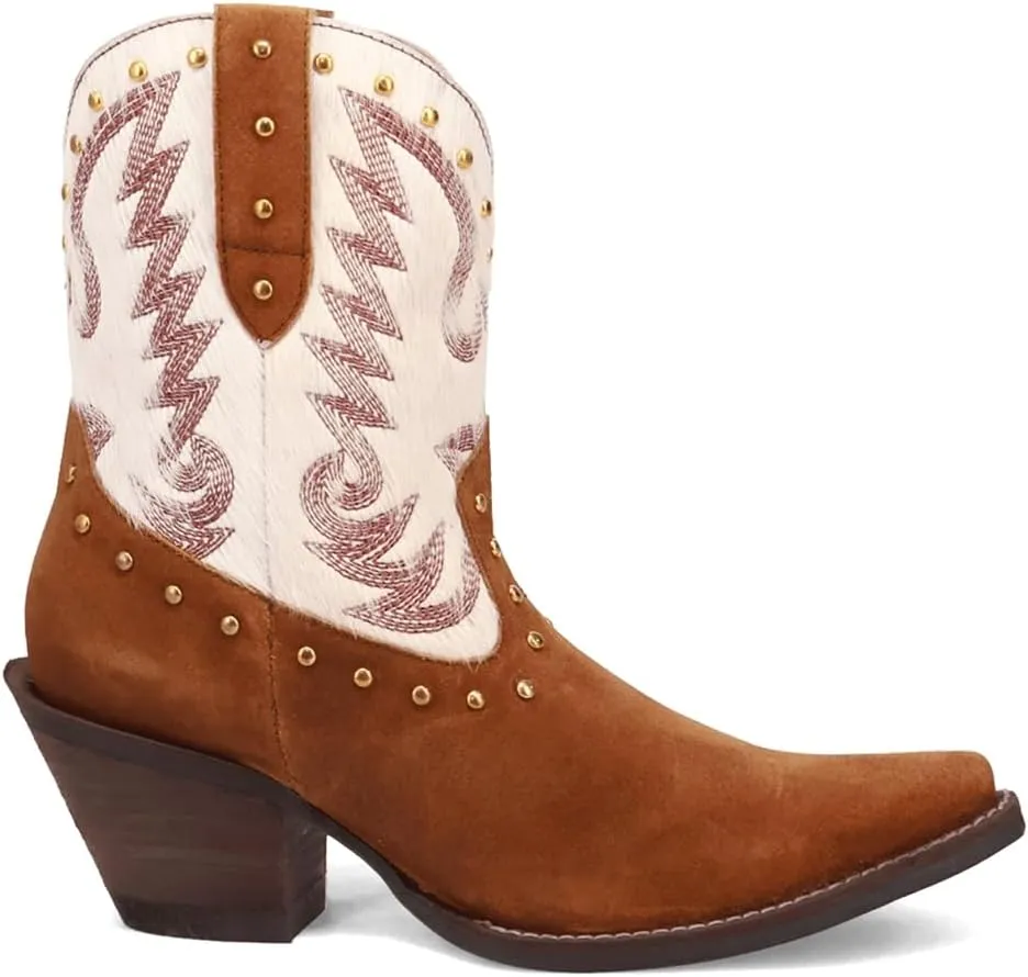 Dingo Womens Rodeo Queen Embroidered Studded Snip Toe Pull On Casual Boots Ankle Mid Heel 2-3" - Brown, White