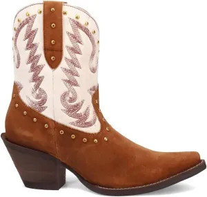 Dingo Womens Rodeo Queen Embroidered Studded Snip Toe Pull On Casual Boots Ankle Mid Heel 2-3" - Brown, White