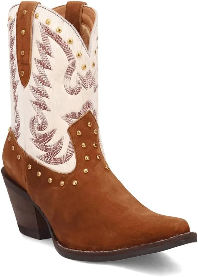 Dingo Womens Rodeo Queen Embroidered Studded Snip Toe Pull On Casual Boots Ankle Mid Heel 2-3" - Brown, White