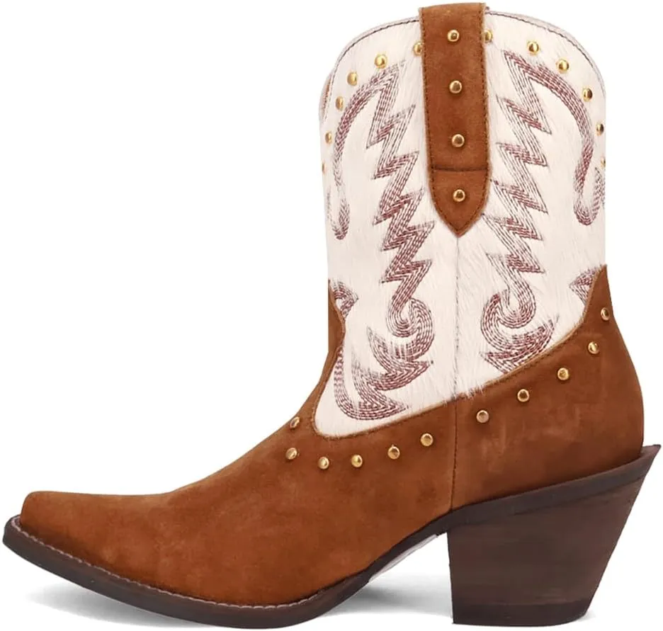 Dingo Womens Rodeo Queen Embroidered Studded Snip Toe Pull On Casual Boots Ankle Mid Heel 2-3" - Brown, White