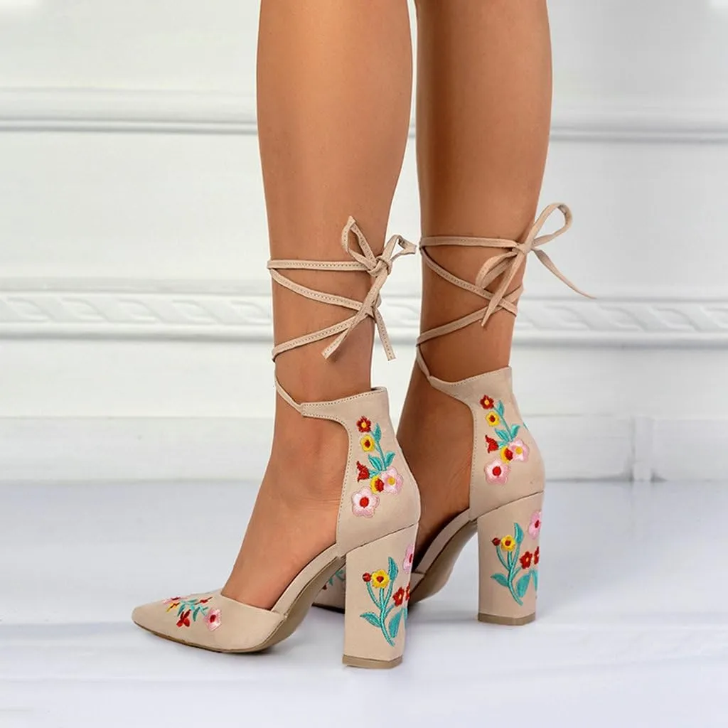 DINTAHA Floral Embroidered Heels,Lace Up Heels Closed Toe,Suede Pointed Toe Chunky Heel Pumps