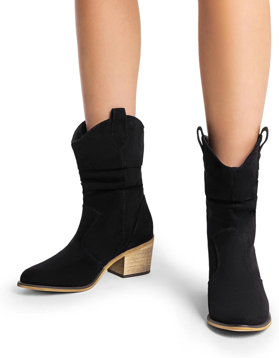 DREAM PAIRS Women's Modern Western Cowboy Boots, Mid Calf Round toe Chunky Heel Cowgirl Country Ankle Boots with Pull On Tabs