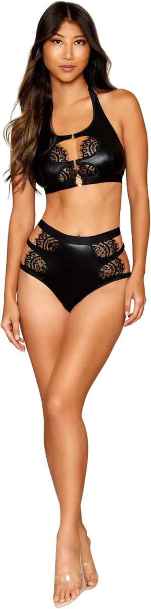 Dreamgirl womens Stretch Faux Leather & Eyelash Lace Bra & Garter Set