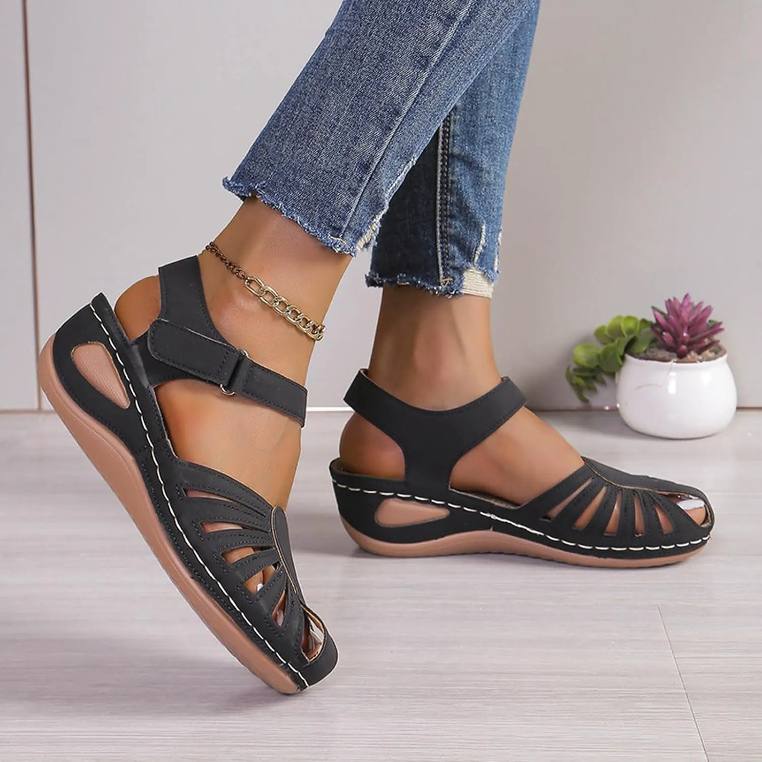 Eduavar Orthopedic Sandals for Women, Womens Sandals Comfortable Closed Toe Casual Hollow Out Shoes Orthotic Wedge Sandals