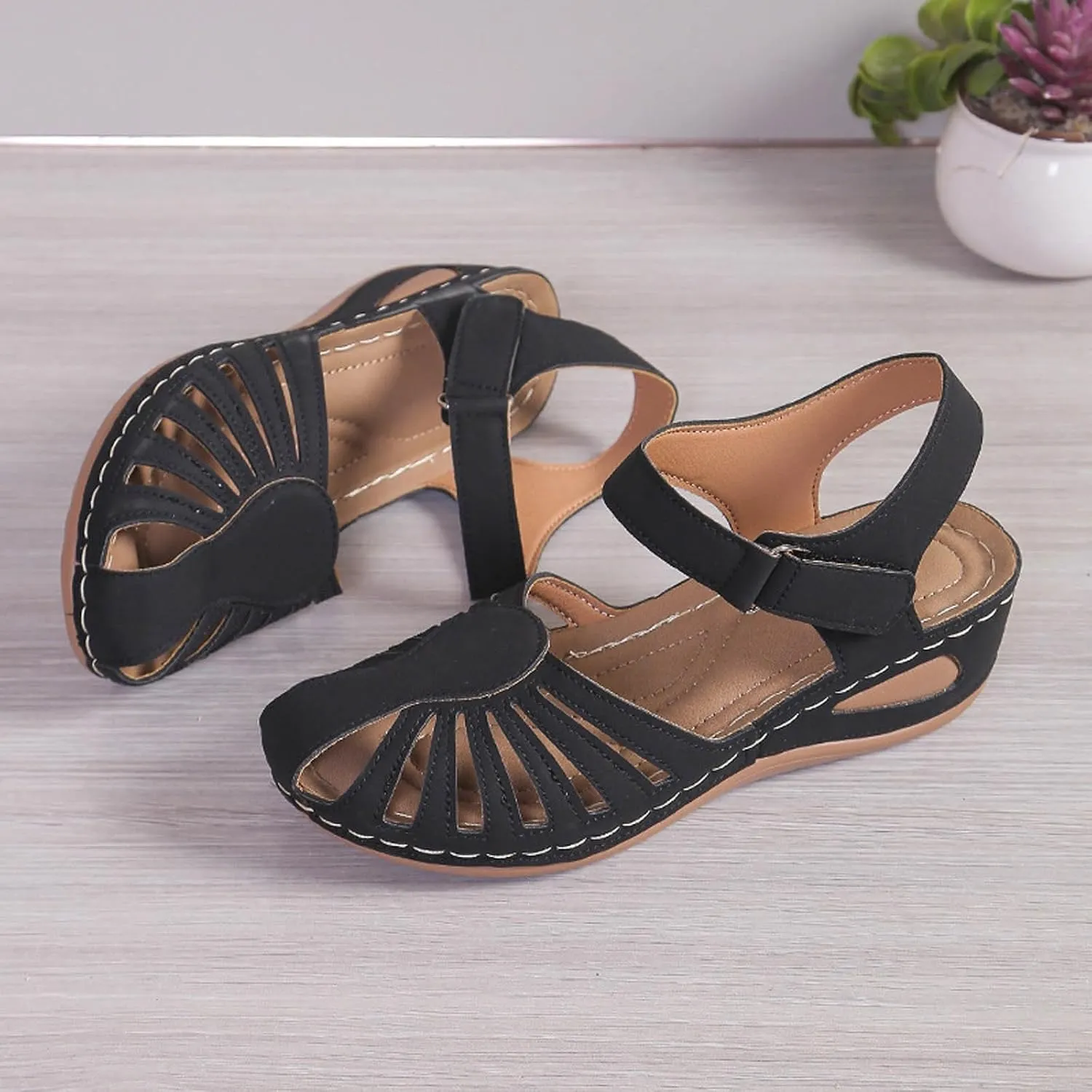 Eduavar Orthopedic Sandals for Women, Womens Sandals Comfortable Closed Toe Casual Hollow Out Shoes Orthotic Wedge Sandals