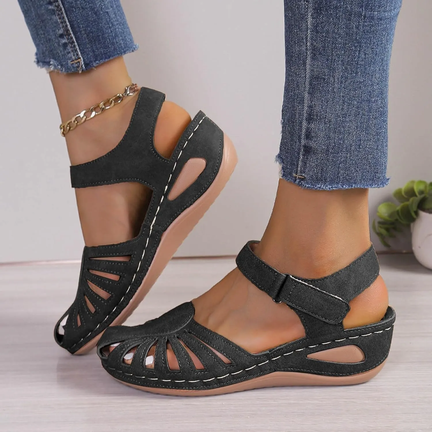 Eduavar Orthopedic Sandals for Women, Womens Sandals Comfortable Closed Toe Casual Hollow Out Shoes Orthotic Wedge Sandals
