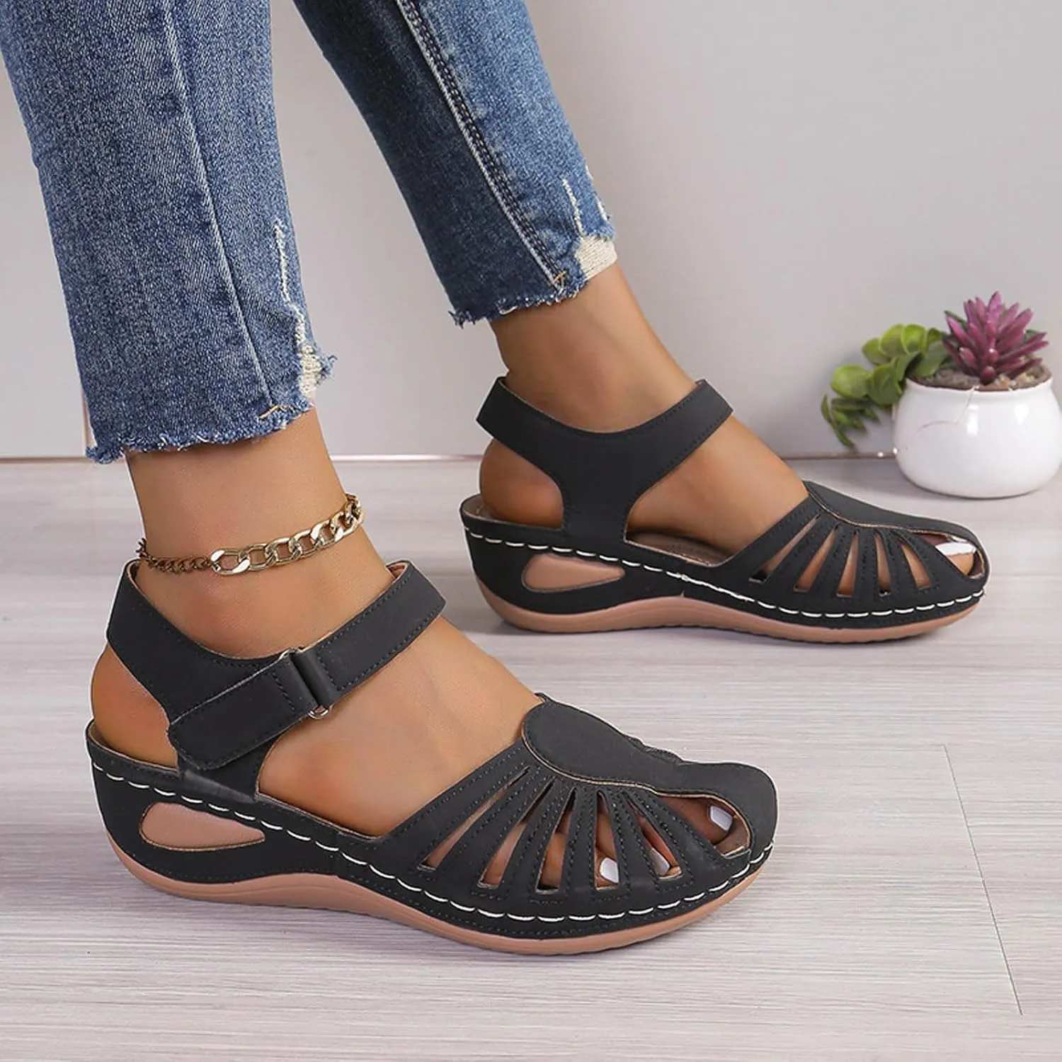 Eduavar Orthopedic Sandals for Women, Womens Sandals Comfortable Closed Toe Casual Hollow Out Shoes Orthotic Wedge Sandals