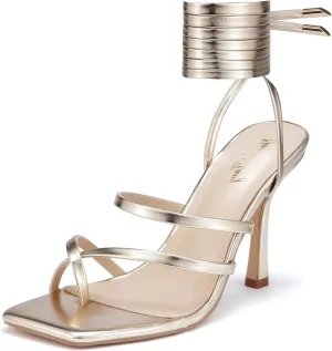 Elisabet Tang Women Sexy Strappy Heeled Sandals,4 inch/10cm Lace Up Square Open Toe Heels Stiletto Thong Sandal Criss-Cross Gladiator High Heel Sandals Shoes