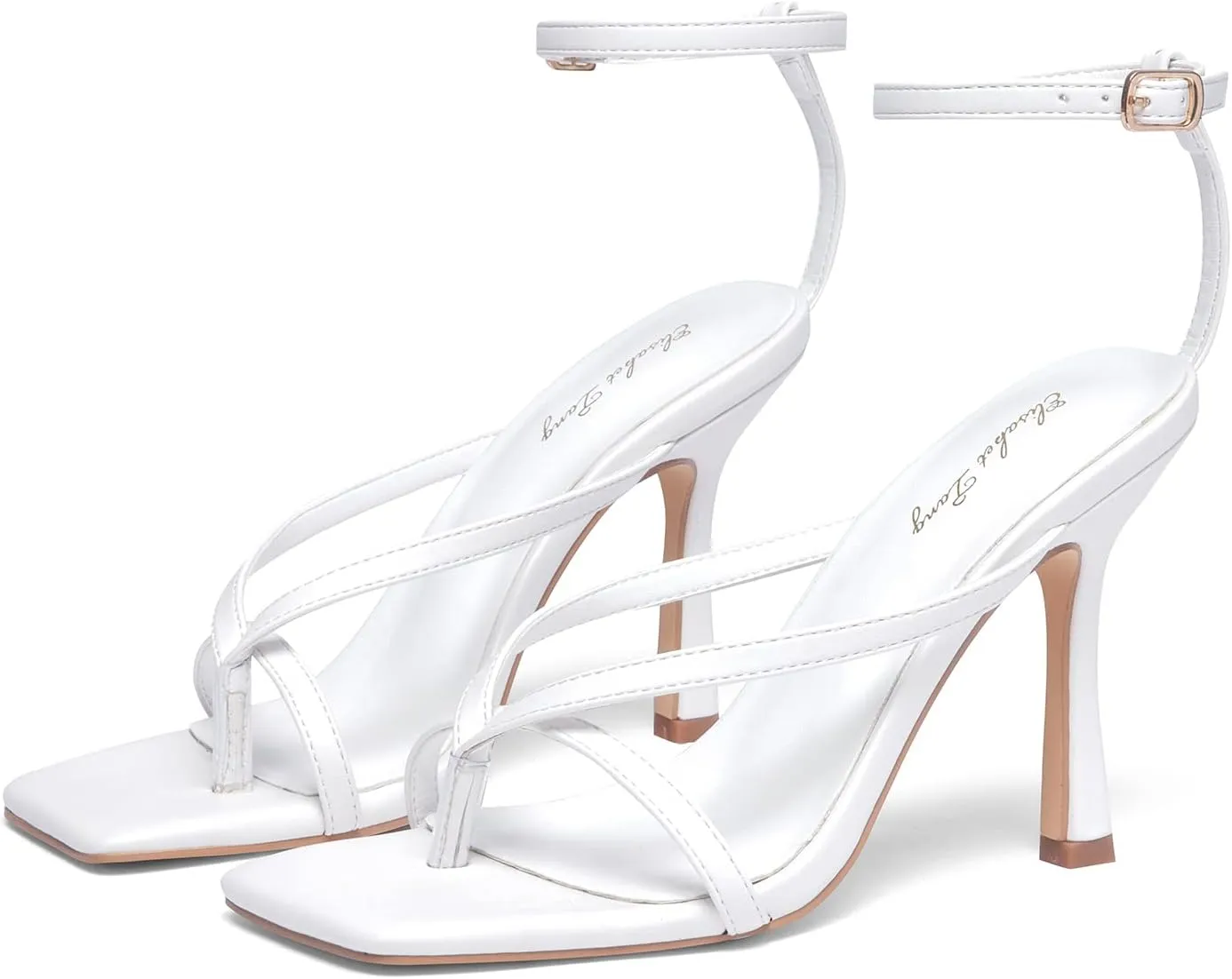 Elisabet Tang Womens Square Toe Heeled Sandals,4.3 inch Square Toe Thong Strappy Ankle Strap Stiletto Heel Sandals Wedding Dress Party Shoes
