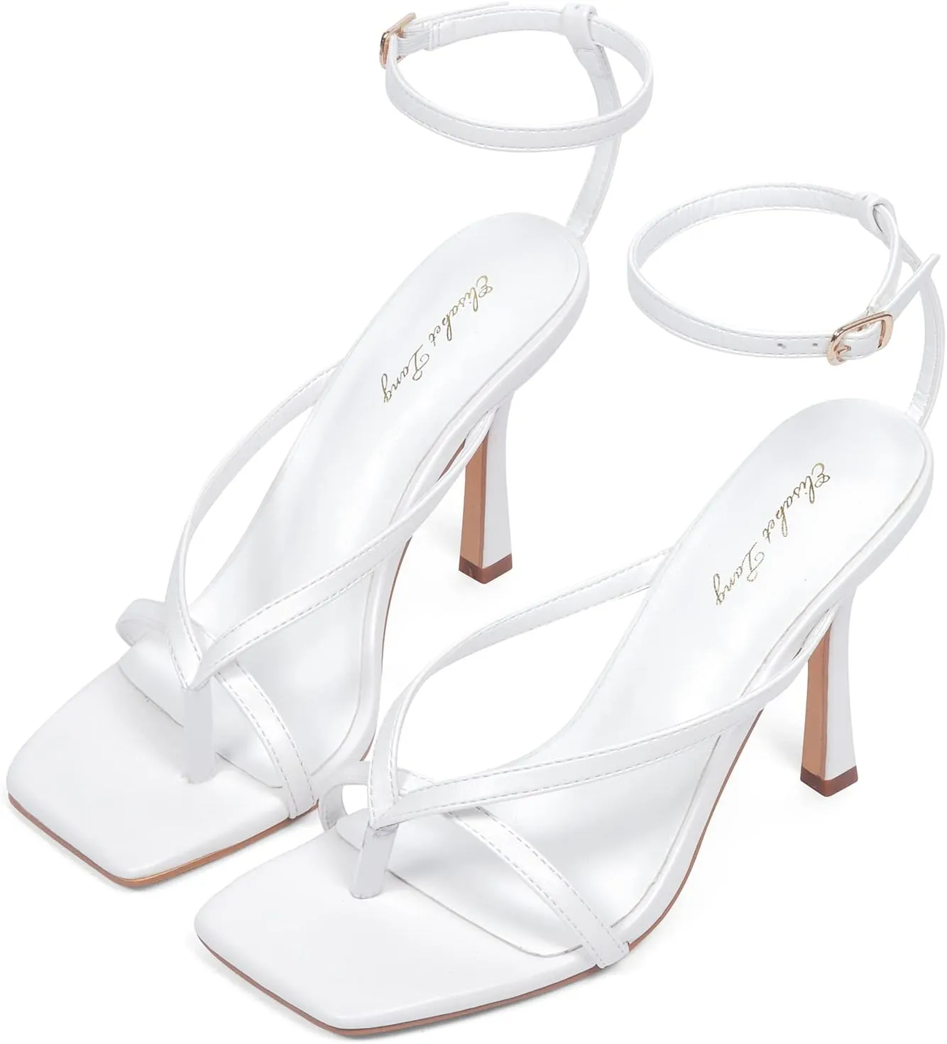 Elisabet Tang Womens Square Toe Heeled Sandals,4.3 inch Square Toe Thong Strappy Ankle Strap Stiletto Heel Sandals Wedding Dress Party Shoes