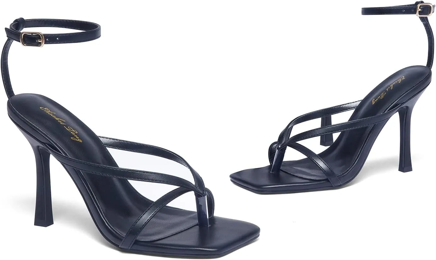 Elisabet Tang Womens Square Toe Heeled Sandals,4.3 inch Square Toe Thong Strappy Ankle Strap Stiletto Heel Sandals Wedding Dress Party Shoes