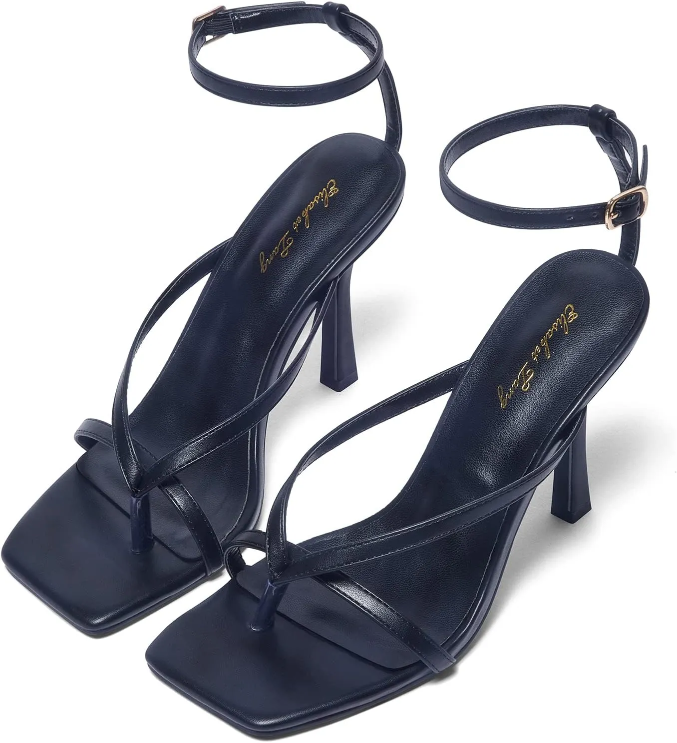 Elisabet Tang Womens Square Toe Heeled Sandals,4.3 inch Square Toe Thong Strappy Ankle Strap Stiletto Heel Sandals Wedding Dress Party Shoes