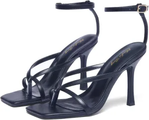 Elisabet Tang Womens Square Toe Heeled Sandals,4.3 inch Square Toe Thong Strappy Ankle Strap Stiletto Heel Sandals Wedding Dress Party Shoes