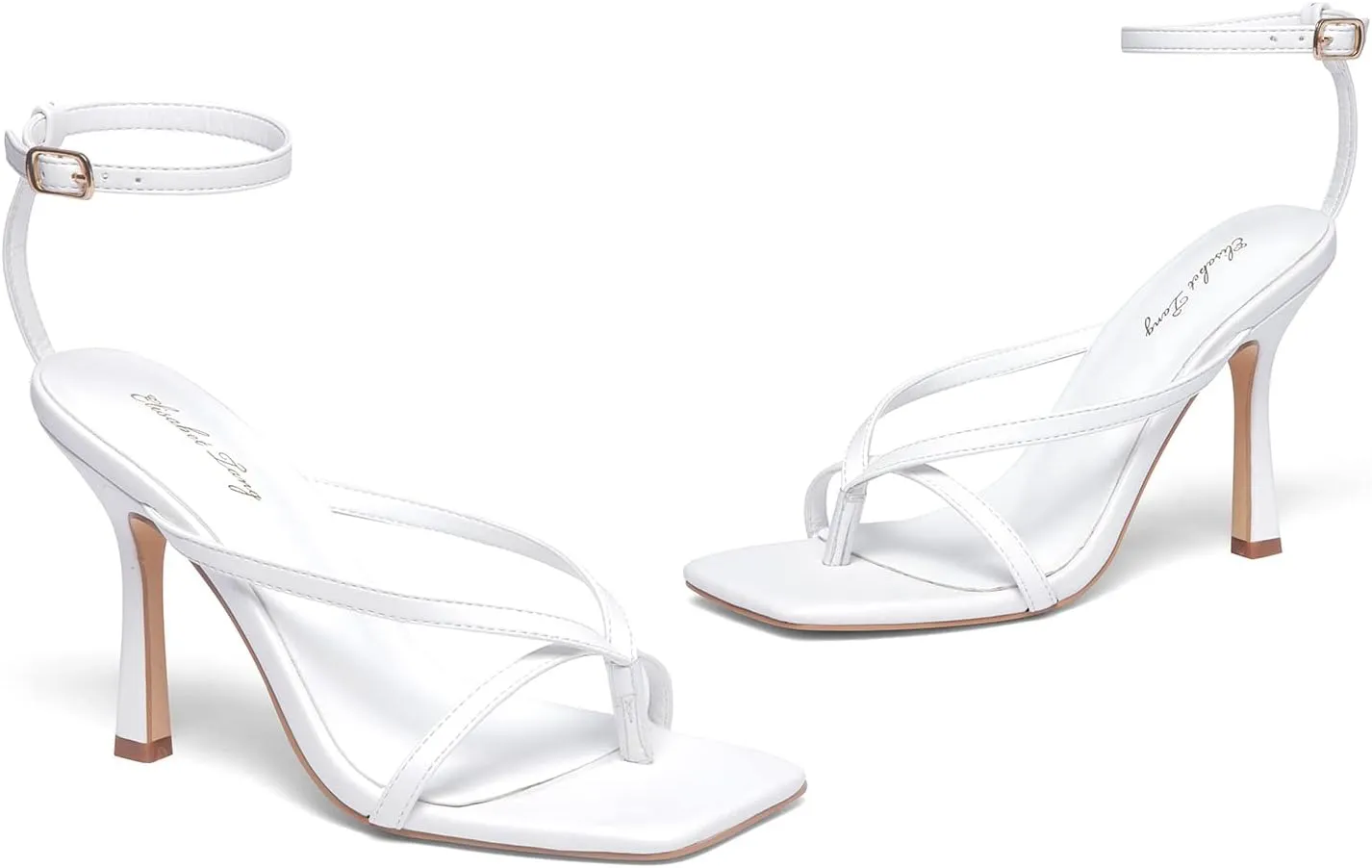 Elisabet Tang Womens Square Toe Heeled Sandals,4.3 inch Square Toe Thong Strappy Ankle Strap Stiletto Heel Sandals Wedding Dress Party Shoes