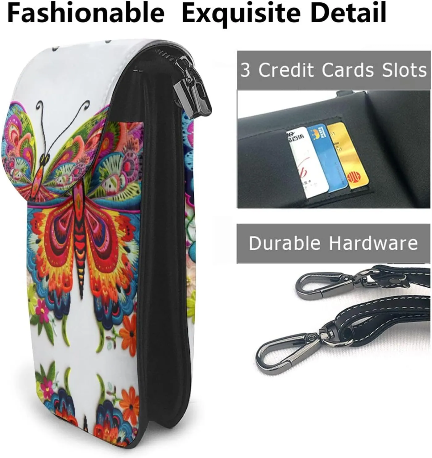 Embroidery Colorful Butterfly Lightweight Small Crossbody Bags Cell Phone Purses Travel Pouch Shoulder Bag For Women