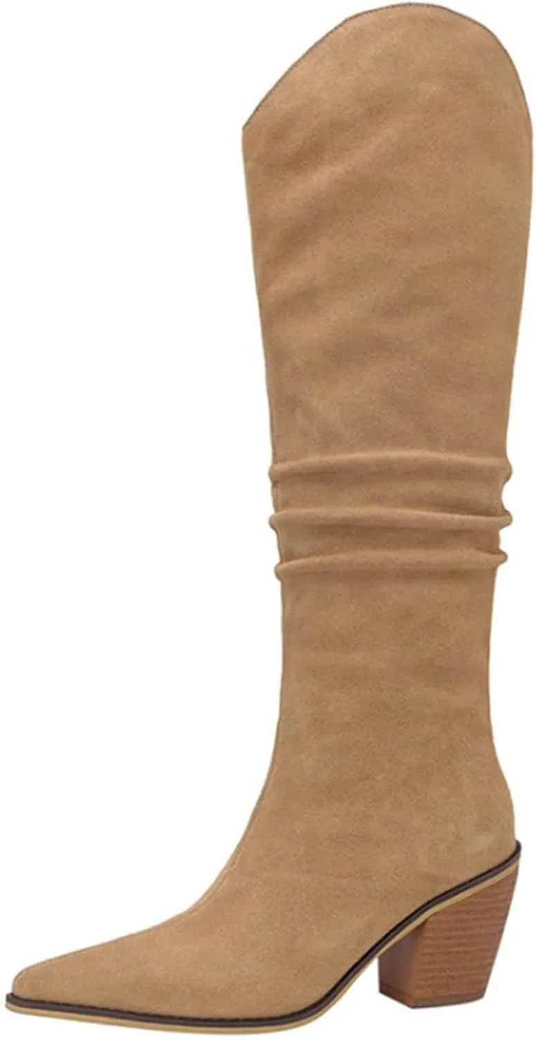 Erocalli Women's Knee High Boot Women Suede Thigh Boot Fashion Chunky Block High Heel Long Boots