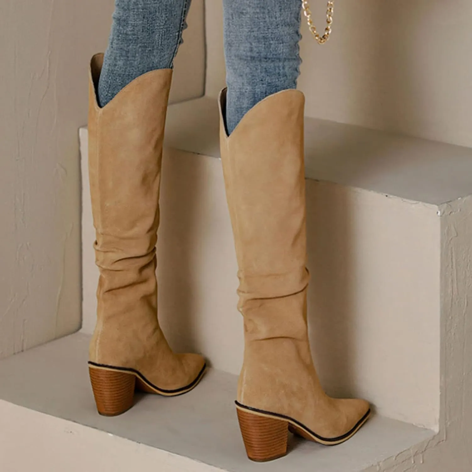 Erocalli Women's Knee High Boot Women Suede Thigh Boot Fashion Chunky Block High Heel Long Boots