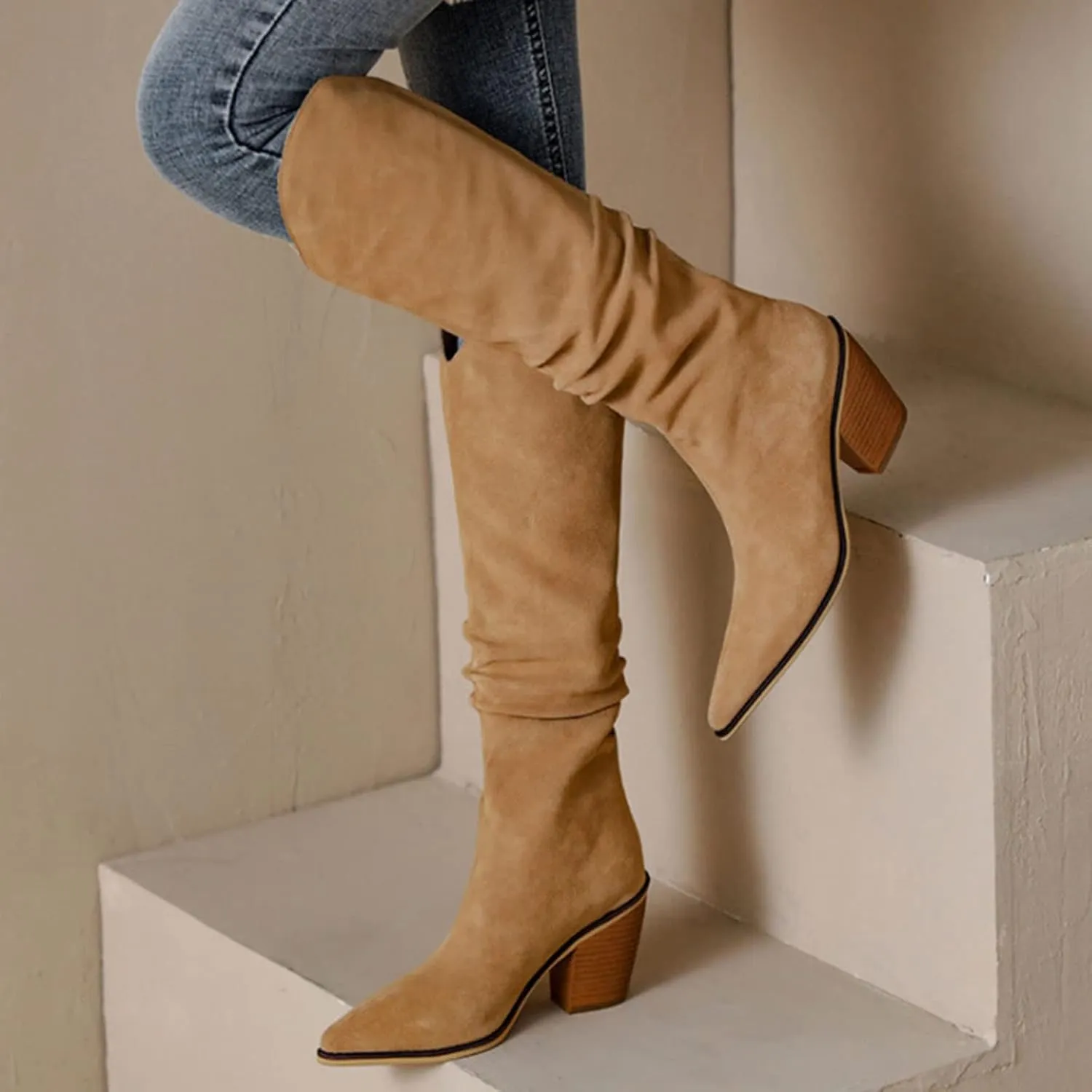 Erocalli Women's Knee High Boot Women Suede Thigh Boot Fashion Chunky Block High Heel Long Boots