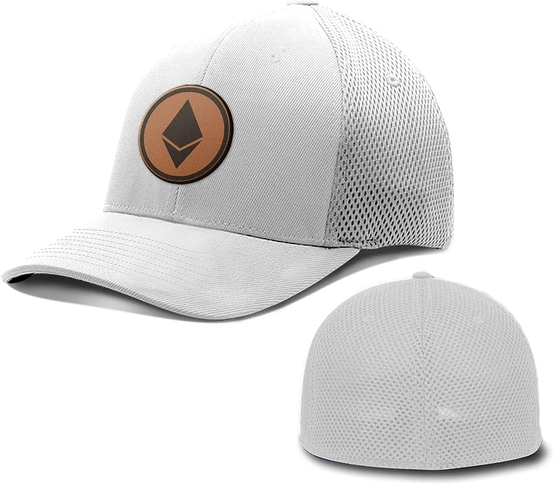 Ethereum Leather Patch Hat Fitted Flexfit Hats Crypto Baseball Cap Ultrafibre Breathable Mesh Side for Casual Wear