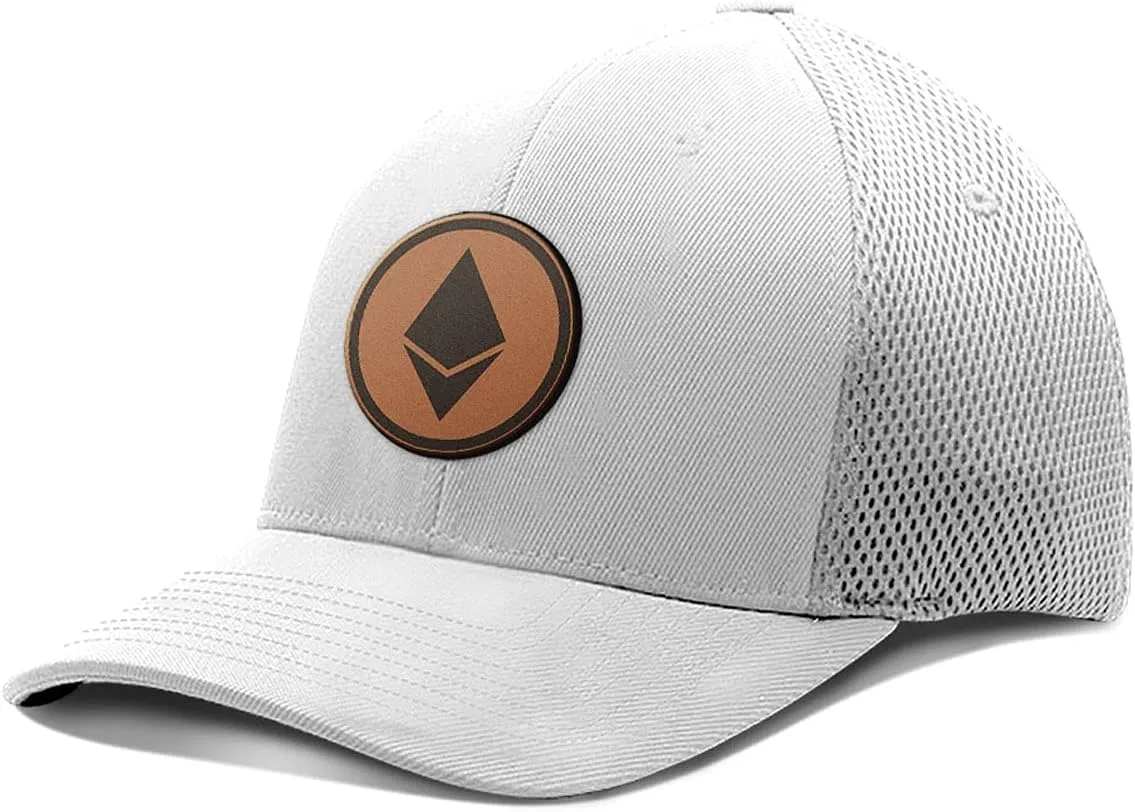 Ethereum Leather Patch Hat Fitted Flexfit Hats Crypto Baseball Cap Ultrafibre Breathable Mesh Side for Casual Wear