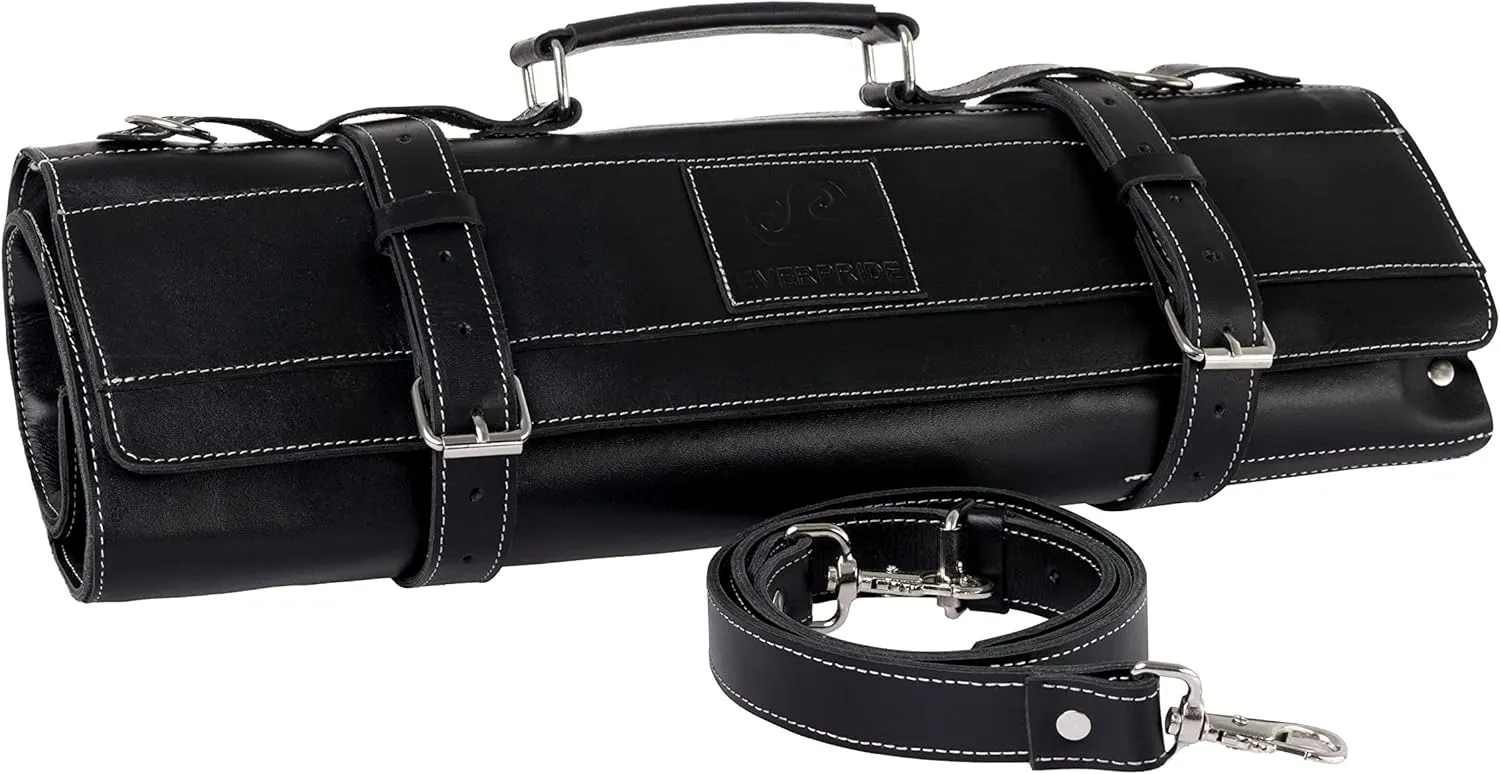 EVERPRIDE Re-designed & Improved! Professional Grade, luxurious Classic Top Grain ALL LEATHER Chef Knife Roll Bag – Holds 10 Knives up to 14” Travel, Comfort and Commute optimized.