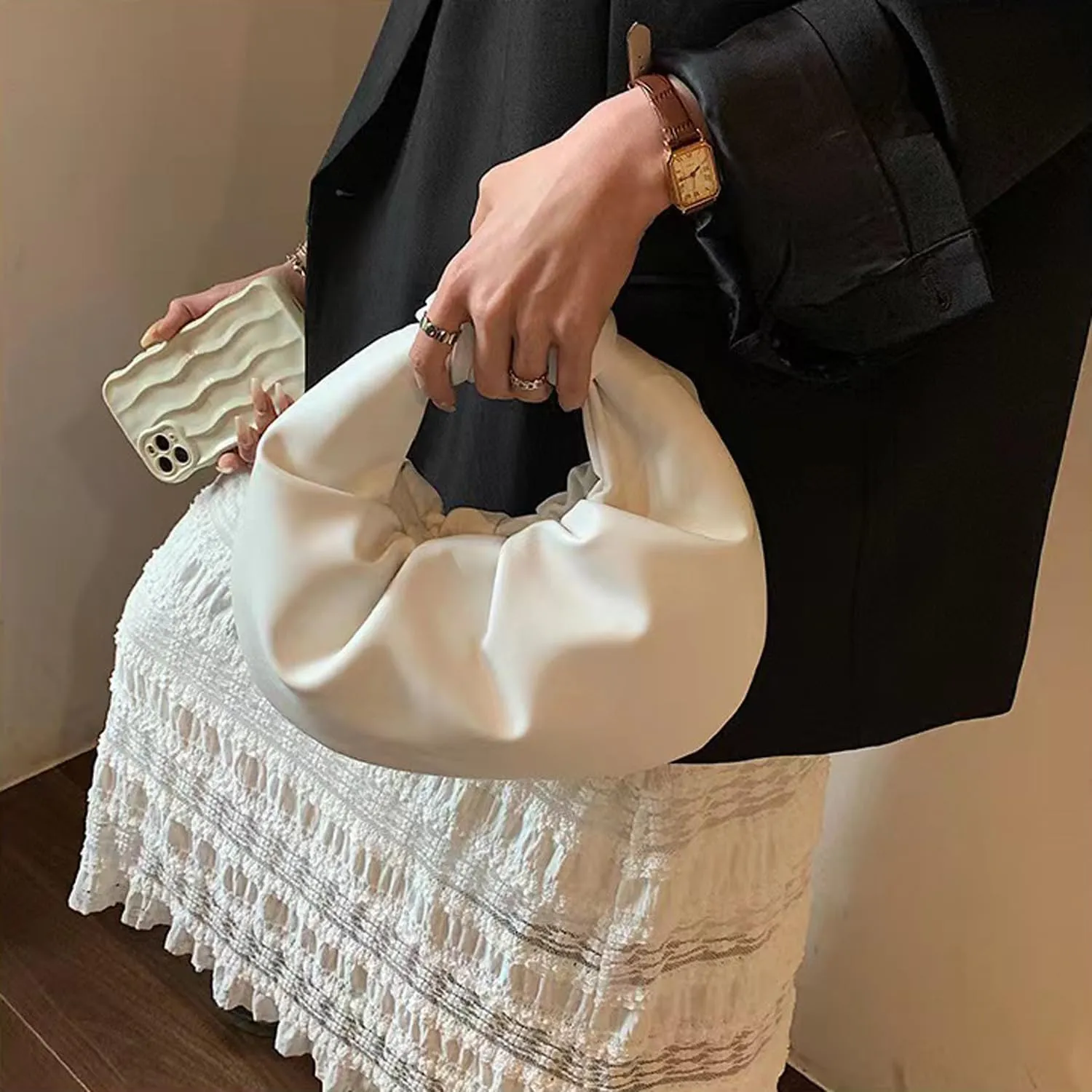 Fashion Ruched Hobo Handbag Soft PU Leather Cloud Knotted Clutch Tote Purse Ruched Pouch Bag Shoulder Bag for Women