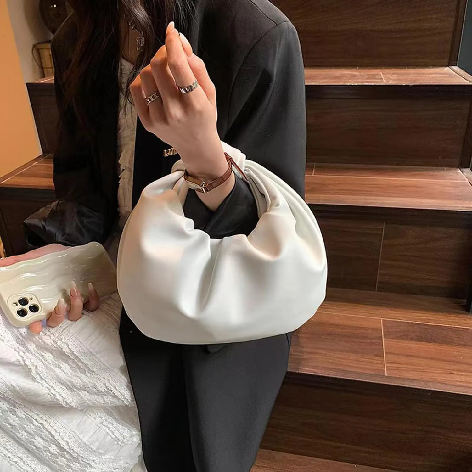 Fashion Ruched Hobo Handbag Soft PU Leather Cloud Knotted Clutch Tote Purse Ruched Pouch Bag Shoulder Bag for Women