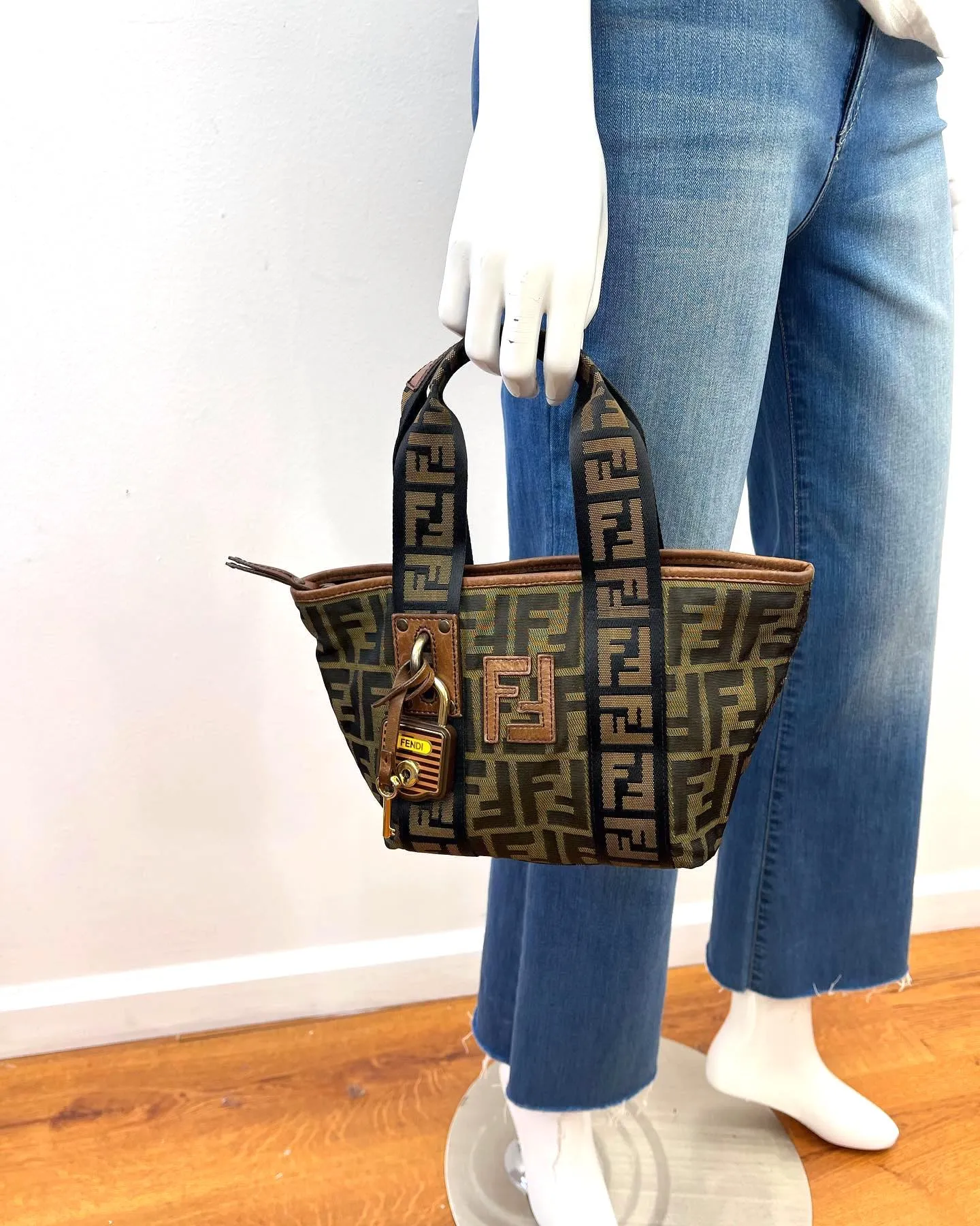 FENDI FF ZUCCA NYLON & LEATHER MINI PADLOCK TOTE BAG