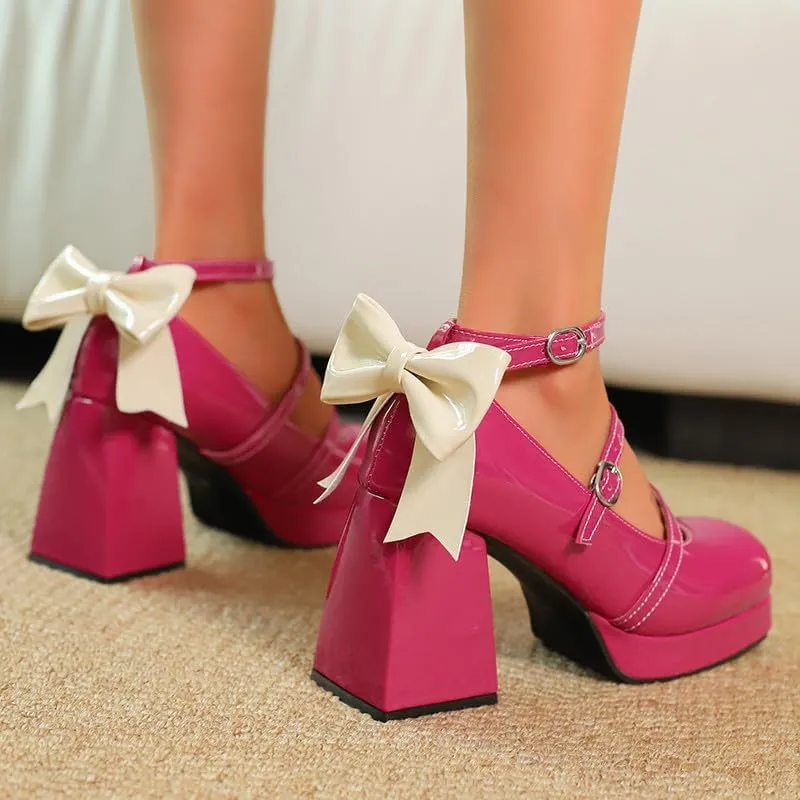 FIFSY Platform Mary Jane Shoes Square Toe Strappy Mary Jane Heels with Bow Women's High Chunky Platform Pumps Heels Closed Toe Heels Comfortable Dress Wedding Party Shoes