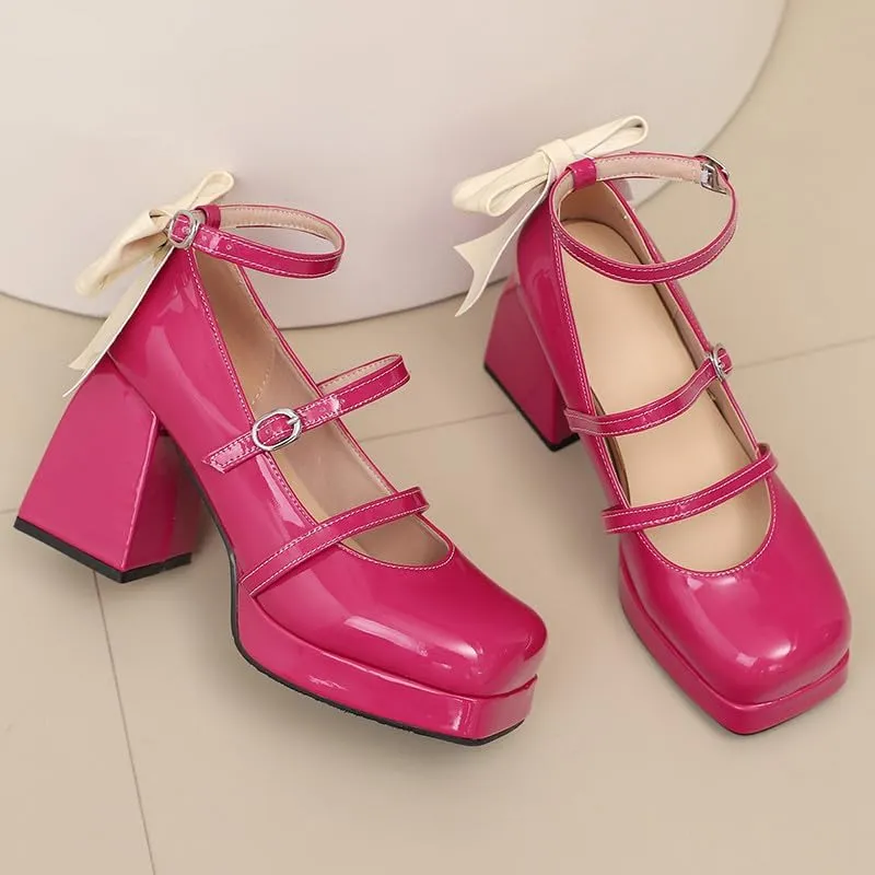 FIFSY Platform Mary Jane Shoes Square Toe Strappy Mary Jane Heels with Bow Women's High Chunky Platform Pumps Heels Closed Toe Heels Comfortable Dress Wedding Party Shoes