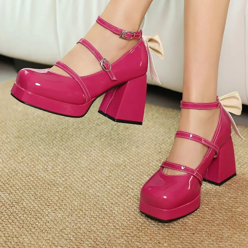 FIFSY Platform Mary Jane Shoes Square Toe Strappy Mary Jane Heels with Bow Women's High Chunky Platform Pumps Heels Closed Toe Heels Comfortable Dress Wedding Party Shoes