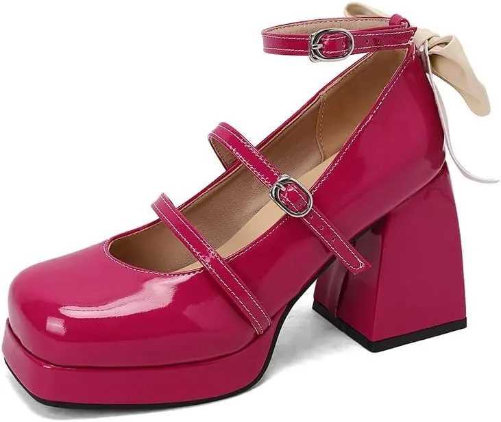 FIFSY Platform Mary Jane Shoes Square Toe Strappy Mary Jane Heels with Bow Women's High Chunky Platform Pumps Heels Closed Toe Heels Comfortable Dress Wedding Party Shoes