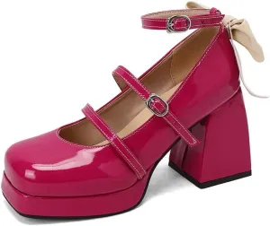 FIFSY Platform Mary Jane Shoes Square Toe Strappy Mary Jane Heels with Bow Women's High Chunky Platform Pumps Heels Closed Toe Heels Comfortable Dress Wedding Party Shoes