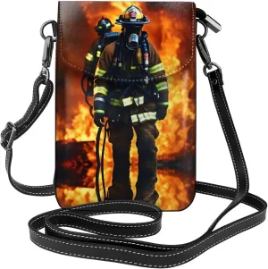 Firefighter Fireman Flame Crossbody Bag For Women Leather Cellphone Shoulder Purses Fashion Travel Designer Wallet, Black