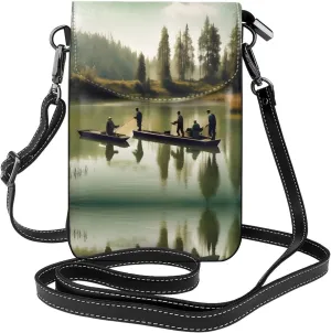 Fishing Lake Fishermens Crossbody Bag For Women Leather Cellphone Shoulder Purses Fashion Travel Designer Wallet, Black