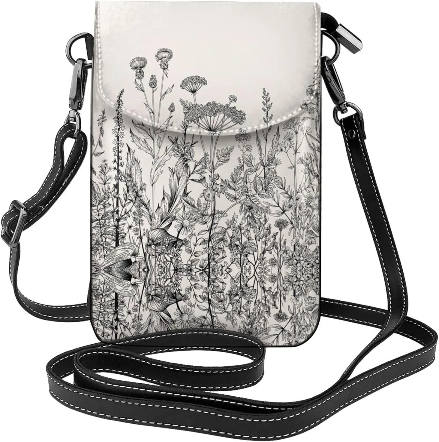 Floral Herbs Botanical Engraving Crossbody Bag For Women Leather Cellphone Shoulder Purses Fashion Travel Designer Wallet, Black