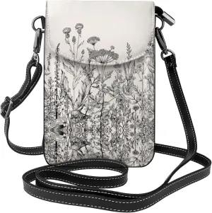 Floral Herbs Botanical Engraving Crossbody Bag For Women Leather Cellphone Shoulder Purses Fashion Travel Designer Wallet, Black