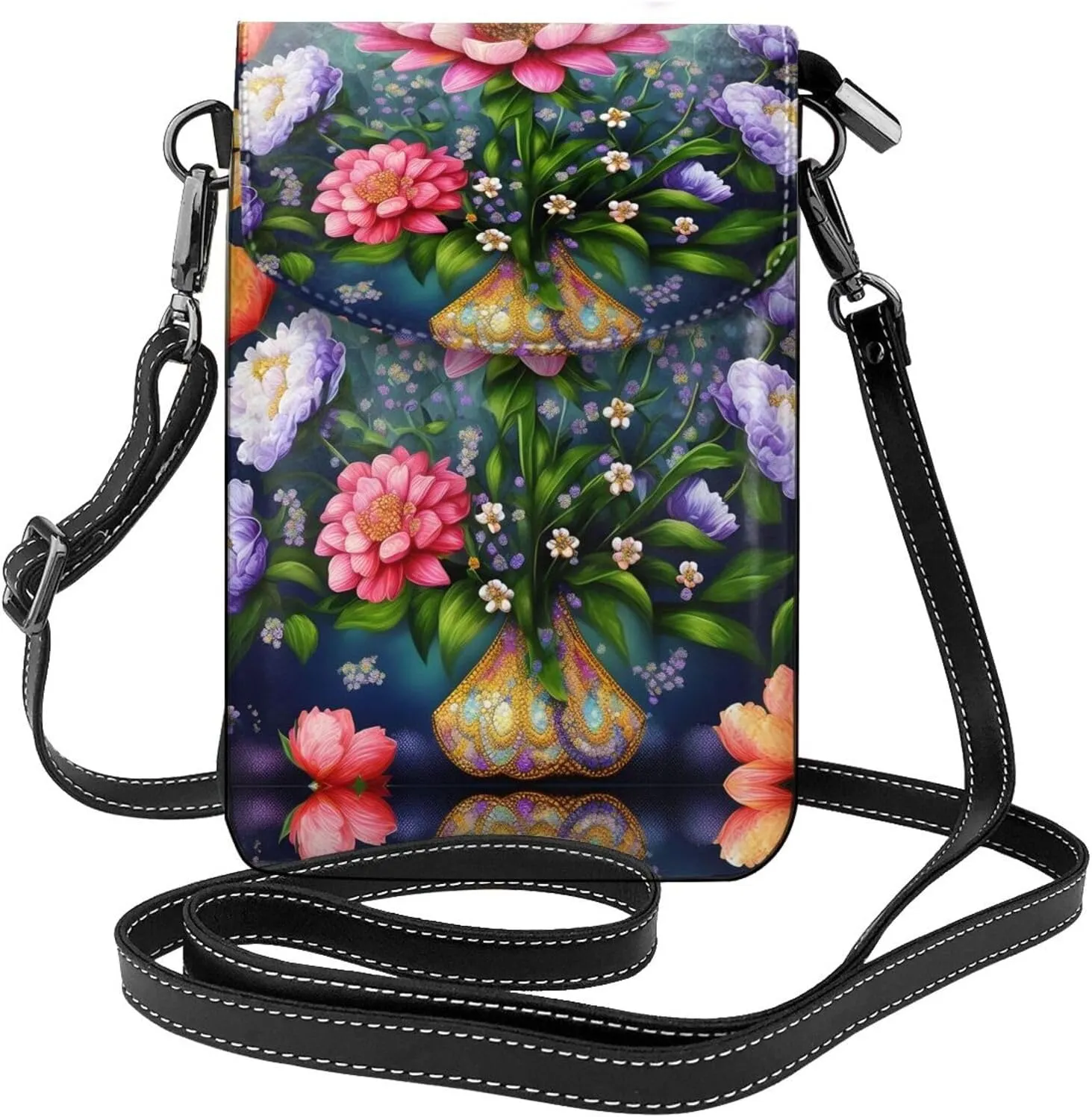 Flower Diamond Painting Crossbody Bag For Women Leather Cellphone Shoulder Purses Fashion Travel Designer Wallet, Black