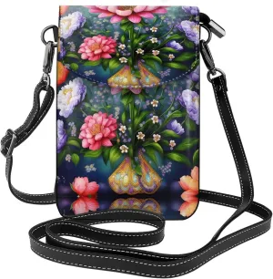 Flower Diamond Painting Crossbody Bag For Women Leather Cellphone Shoulder Purses Fashion Travel Designer Wallet, Black