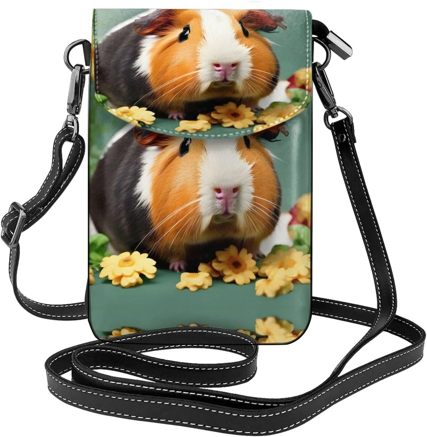 Flower Guinea Pig Crossbody Bag For Women Leather Cellphone Shoulder Purses Fashion Travel Designer Wallet, Black