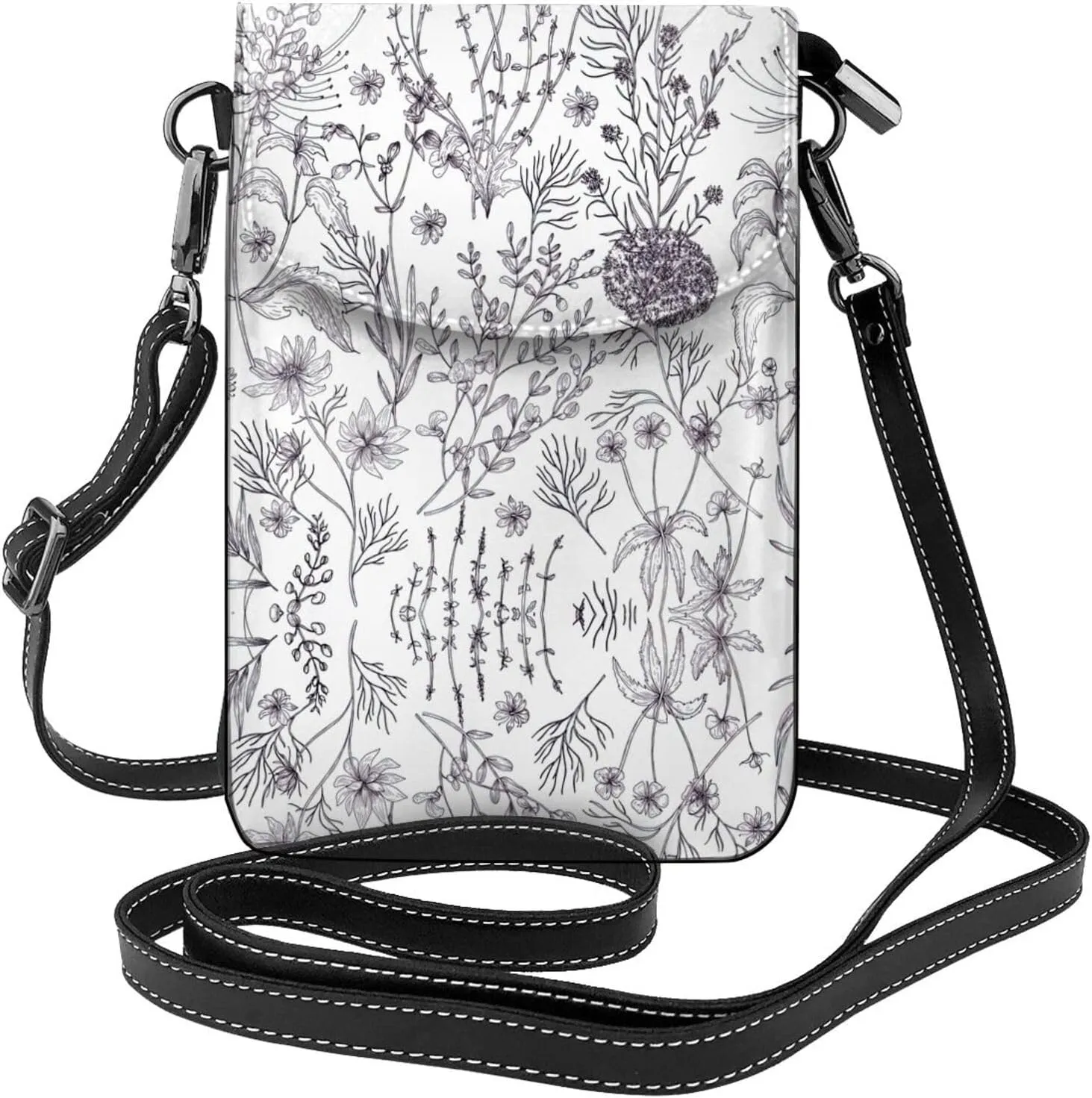 Flowering Herbs And Herbaceous Plants Crossbody Bag For Women Leather Cellphone Shoulder Purses Fashion Travel Designer Wallet, Black