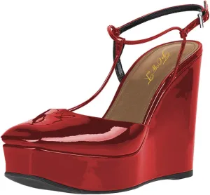 FOWT T Strap Wedge Platform High Heel Pumps for Women Classic Ankle Strap Closed Square Toe Sandals Buckled Slip On Dress Party Prom Backless Shoes Full Size 4-15 M US