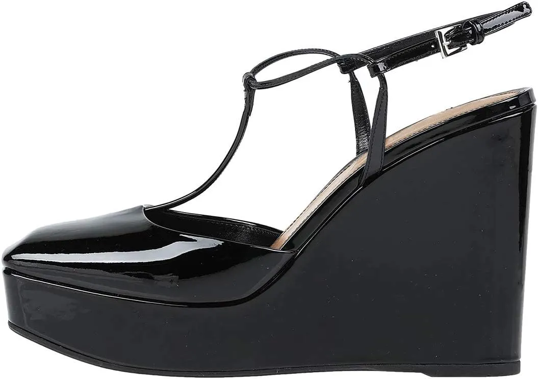 FOWT T Strap Wedge Platform High Heel Pumps for Women Classic Ankle Strap Closed Square Toe Sandals Buckled Slip On Dress Party Prom Backless Shoes Full Size 4-15 M US