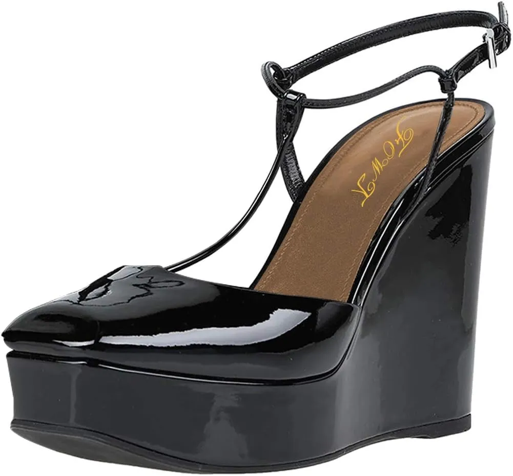 FOWT T Strap Wedge Platform High Heel Pumps for Women Classic Ankle Strap Closed Square Toe Sandals Buckled Slip On Dress Party Prom Backless Shoes Full Size 4-15 M US