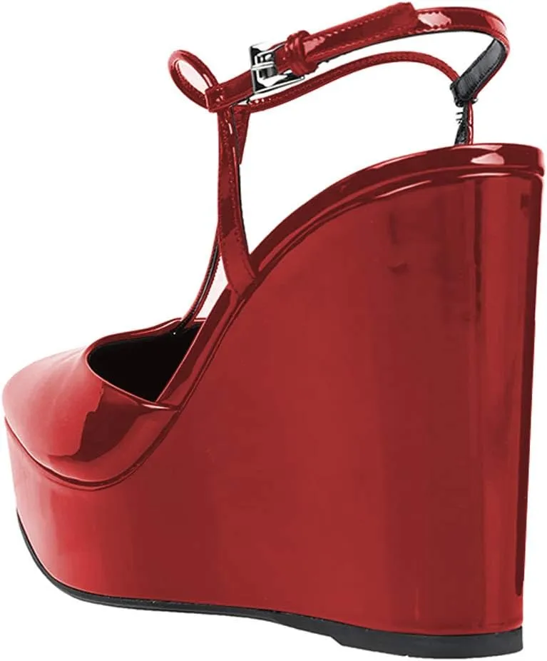 FOWT T Strap Wedge Platform High Heel Pumps for Women Classic Ankle Strap Closed Square Toe Sandals Buckled Slip On Dress Party Prom Backless Shoes Full Size 4-15 M US