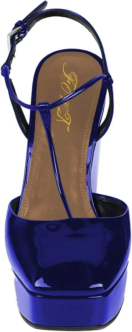 FOWT T Strap Wedge Platform High Heel Pumps for Women Classic Ankle Strap Closed Square Toe Sandals Buckled Slip On Dress Party Prom Backless Shoes Full Size 4-15 M US
